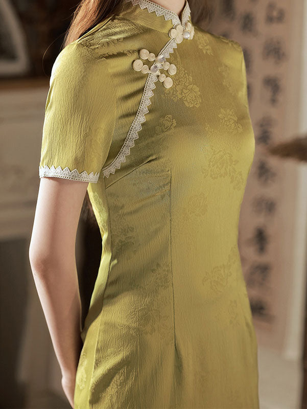 2023 Yellow Jacquard Midi Cheongsam Qipao Dress