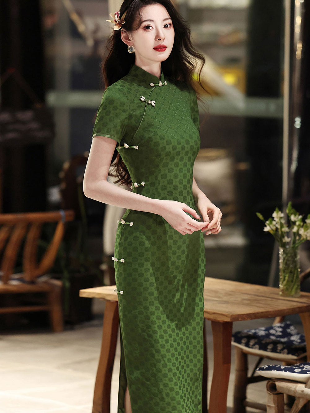 2026 Green Jacquard Maxi Cheongsam Qipao Dress