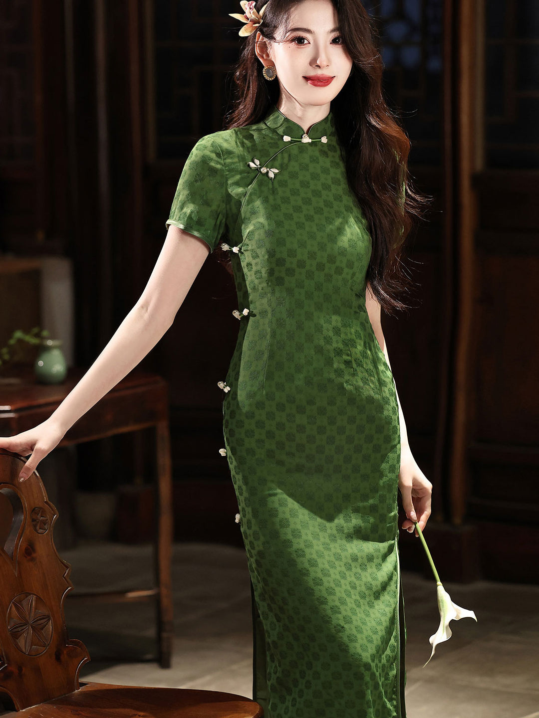 2026 Green Jacquard Maxi Cheongsam Qipao Dress