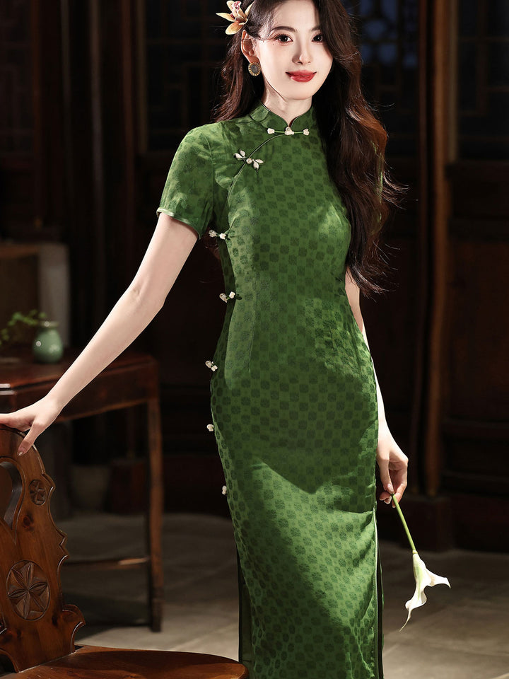 2026 Green Jacquard Maxi Cheongsam Qipao Dress