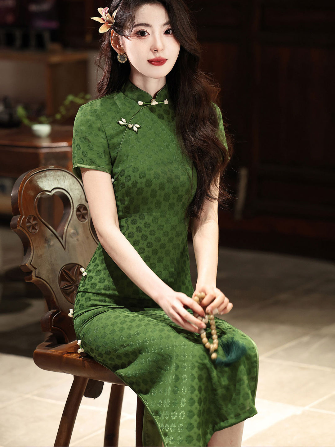 2026 Green Jacquard Maxi Cheongsam Qipao Dress