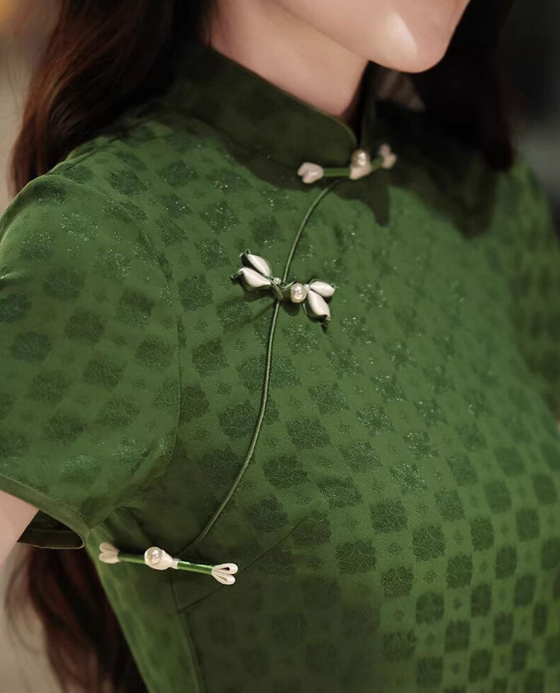 2026 Green Jacquard Maxi Cheongsam Qipao Dress