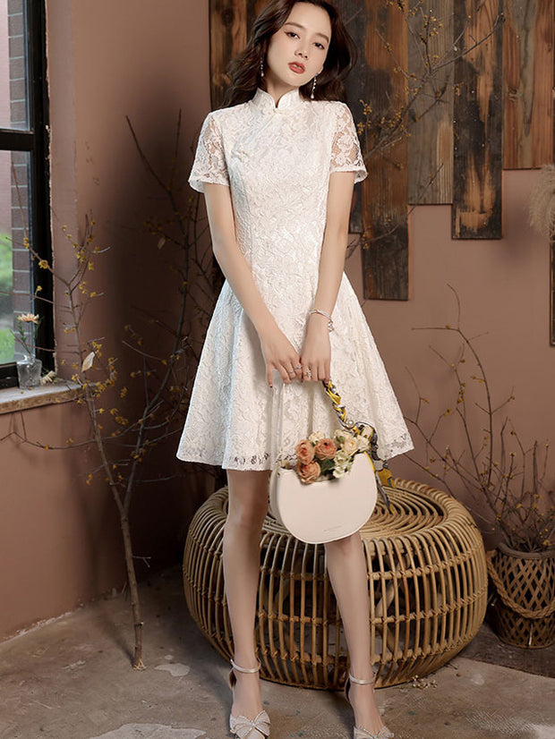 White Floral Lace Midi A-Line Cheongsam Qipao Dress