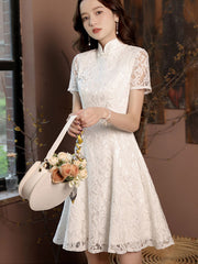 White Floral Lace Midi A-Line Cheongsam Qipao Dress