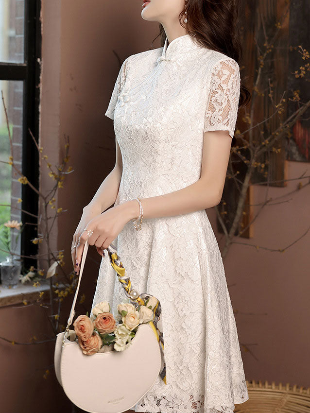 White Floral Lace Midi A-Line Cheongsam Qipao Dress