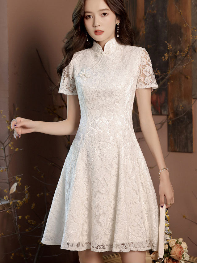 White Floral Lace Midi A-Line Cheongsam Qipao Dress