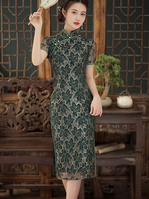Green Burgundy Floral Lace Mothers Qipao Cheongsam Dress