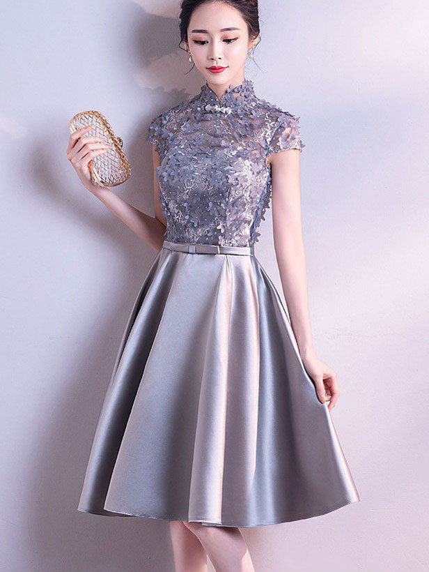 Gray Appliques Midi A-line Cheongsam Qipao Dress
