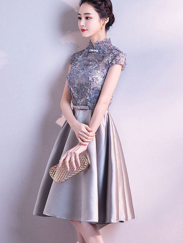 Gray Appliques Midi A-line Cheongsam Qipao Dress