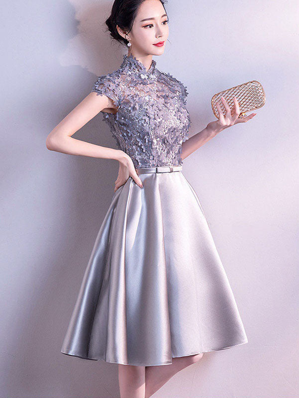 Gray Appliques Midi A-line Cheongsam Qipao Dress