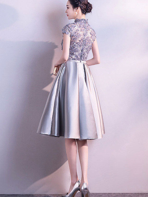 Gray Appliques Midi A-line Cheongsam Qipao Dress