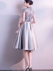Gray Appliques Midi A-line Cheongsam Qipao Dress