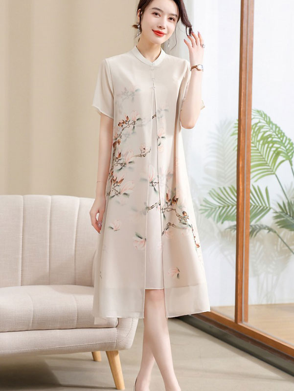 Beige Pink Mothers Floral Print Chiffon Qipao Cheongsam Dress
