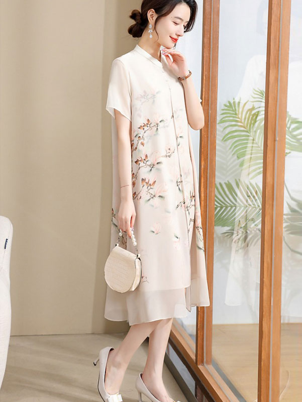 Beige Pink Mothers Floral Print Chiffon Qipao Cheongsam Dress