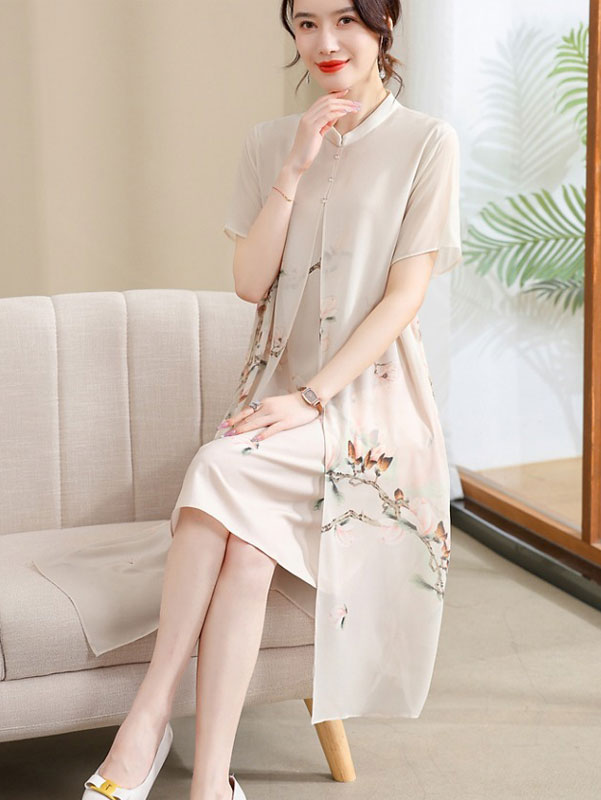 Beige Pink Mothers Floral Print Chiffon Qipao Cheongsam Dress