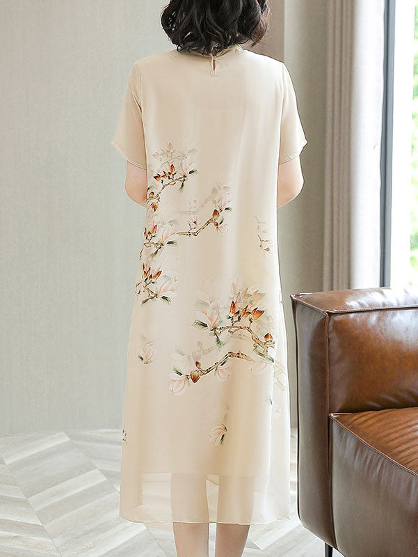 Beige Pink Mothers Floral Print Chiffon Qipao Cheongsam Dress