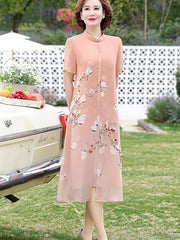 Beige Pink Mothers Floral Print Chiffon Qipao Cheongsam Dress