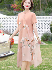 Beige Pink Mothers Floral Print Chiffon Qipao Cheongsam Dress