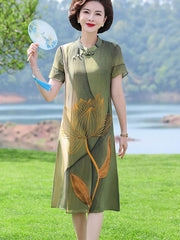 Green Blue Mothers Lotus Print A-Line Qipao Cheongsam Dress