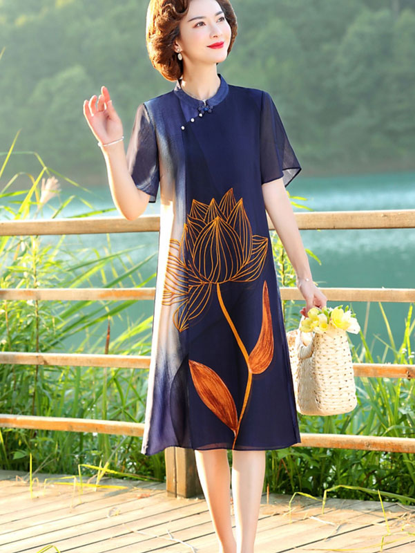 Green Blue Mothers Lotus Print A-Line Qipao Cheongsam Dress