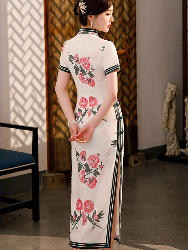 2023 White Floral Print Maxi Cheongsam Qi Pao Dress