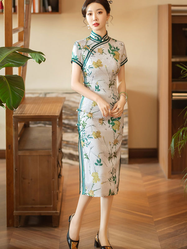 2024 Floral Print Midi Cheongsam Qi Pao Dress