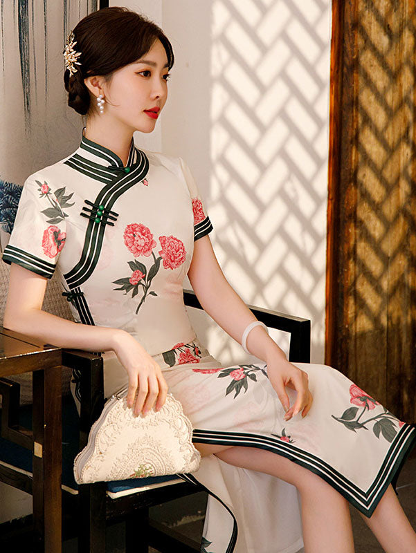 2023 White Floral Print Maxi Cheongsam Qi Pao Dress