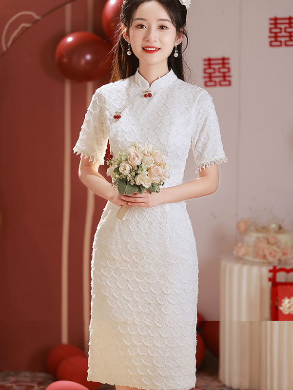 White Lace Midi Bride Qipao Cheongsam Dress