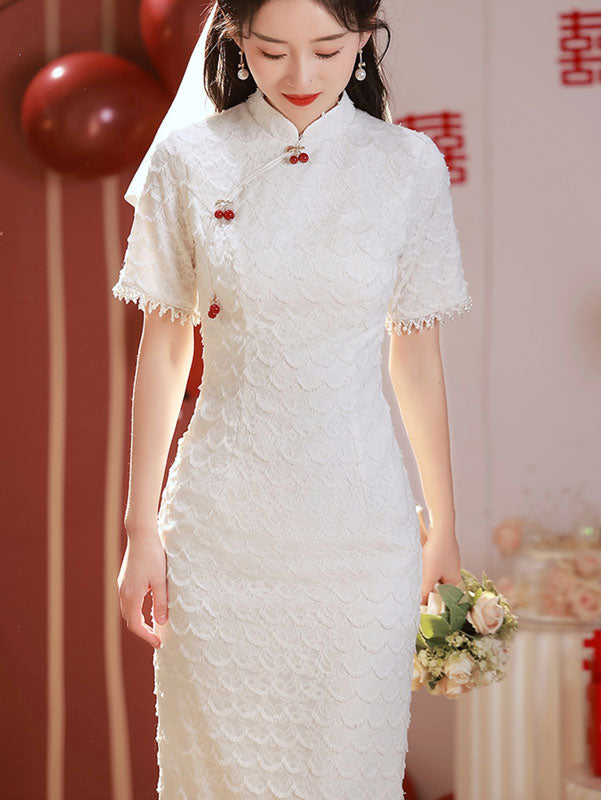 White Lace Midi Bride Qipao Cheongsam Dress