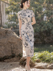 White Black Bamboo Print Cheongsam Qipao Dress