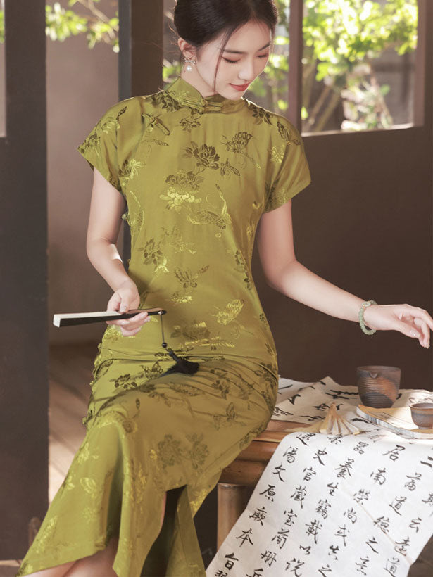 2023 Green Jacquard Butterfly Cheongsam Qipao Dress