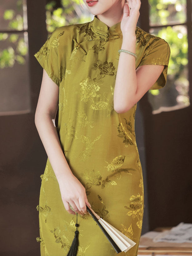 2023 Green Jacquard Butterfly Cheongsam Qipao Dress