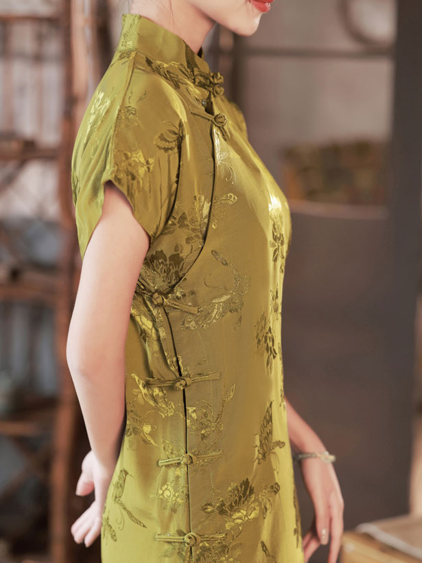 2023 Green Jacquard Butterfly Cheongsam Qipao Dress