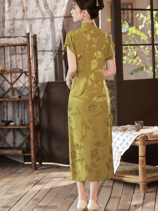 2023 Green Jacquard Butterfly Cheongsam Qipao Dress