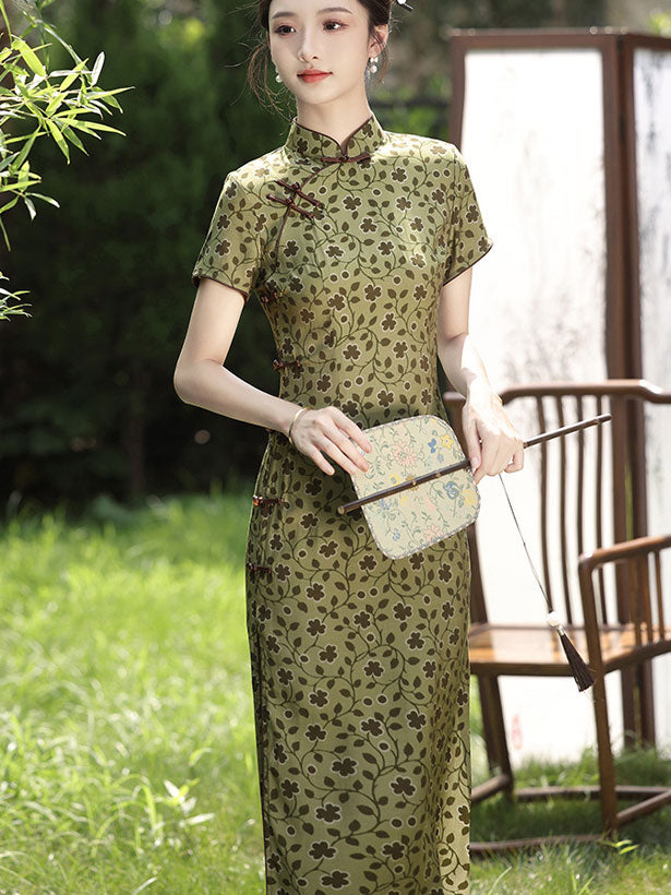 Green Floral Print Midi Qipao Cheongsam Dress