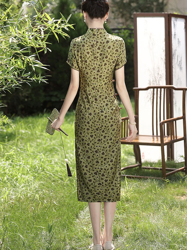 Green Floral Print Midi Qipao Cheongsam Dress