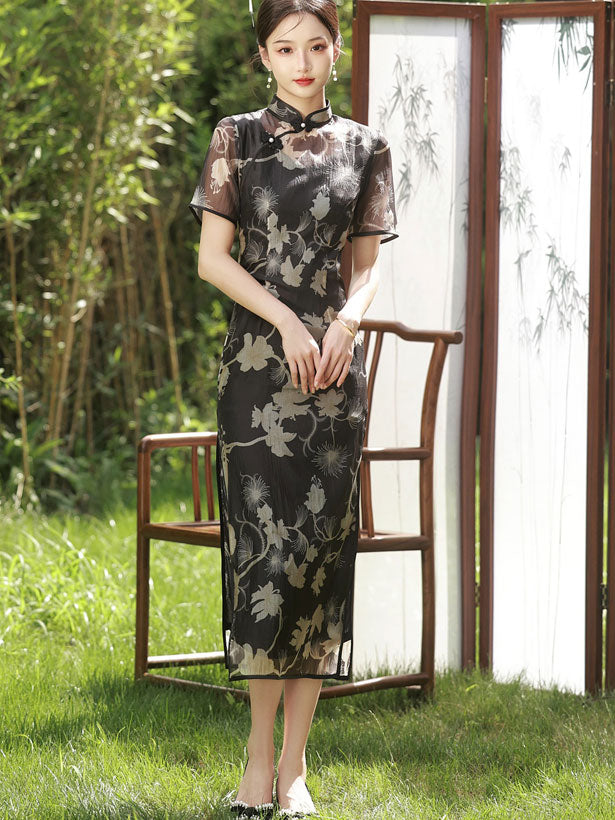 Black Green Floral Print Qipao Cheongsam Dress