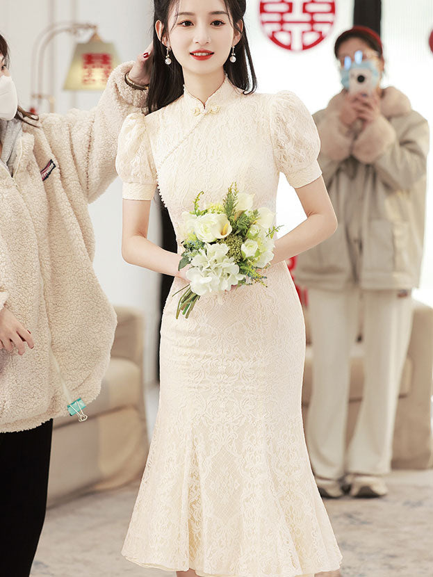 White Lace Midi Fishtail Wedding Cheongsam Qipao Dress