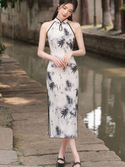 Color-Block Bamboo Print Halter Cheongsam Qipao Dress