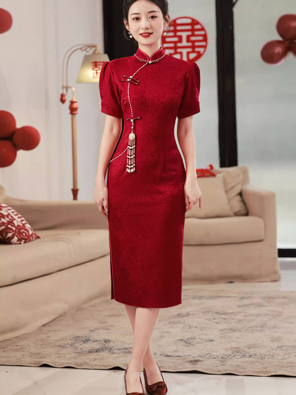 2023 Red Jacquard Floral Midi Wedding Cheongsam Qipao Dress