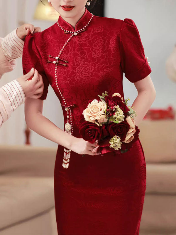 2023 Red Jacquard Floral Midi Wedding Cheongsam Qipao Dress