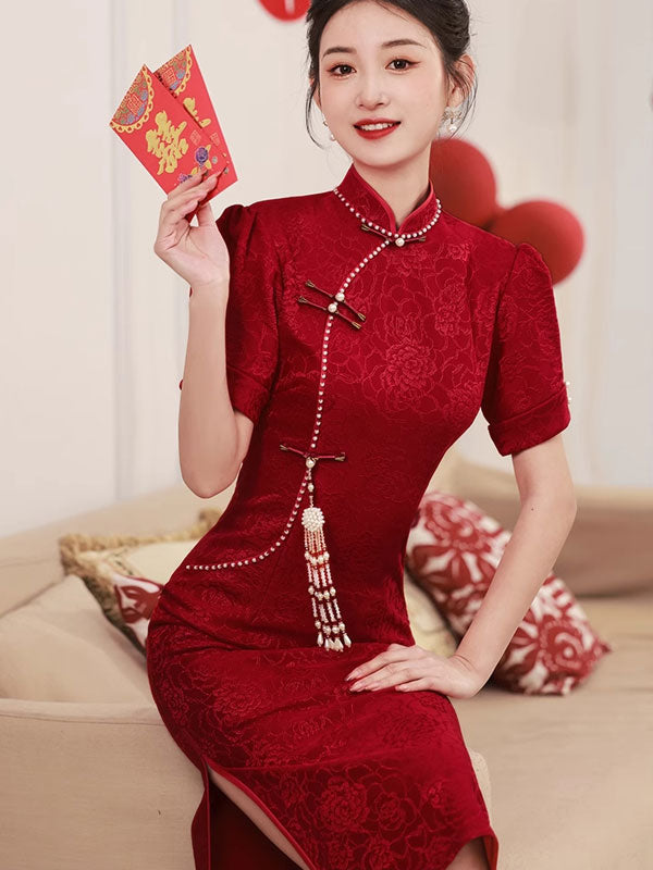 2023 Red Jacquard Floral Midi Wedding Cheongsam Qipao Dress