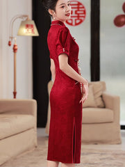 2023 Red Jacquard Floral Midi Wedding Cheongsam Qipao Dress