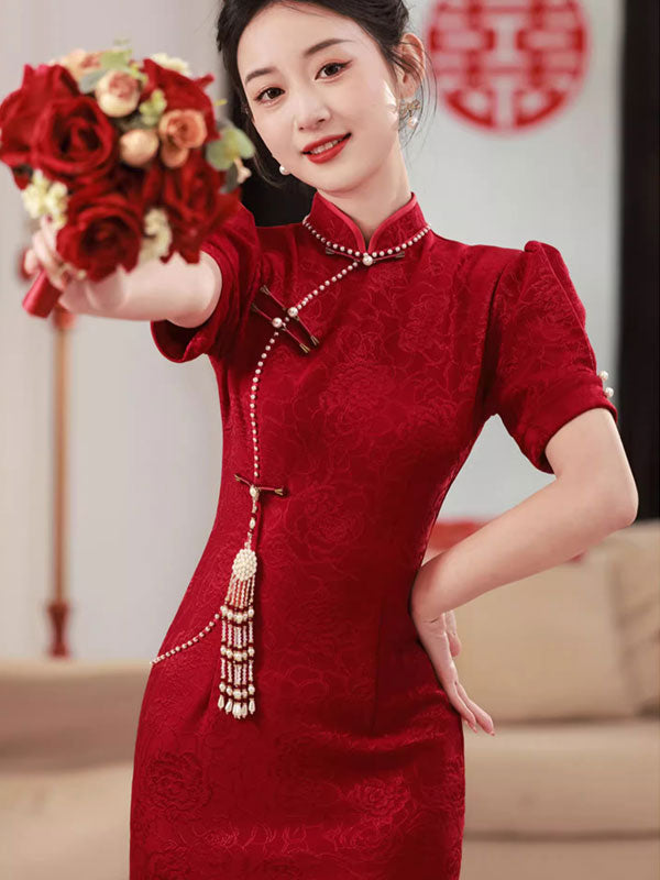2023 Red Jacquard Floral Midi Wedding Cheongsam Qipao Dress