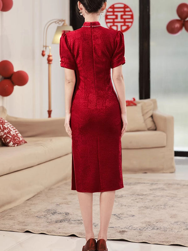 2023 Red Jacquard Floral Midi Wedding Cheongsam Qipao Dress