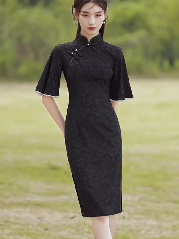 Black Floral Lace Flutter Sleeve Midi Qipao Cheongsam Dress
