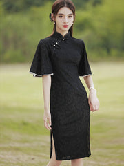 Black Floral Lace Flutter Sleeve Midi Qipao Cheongsam Dress