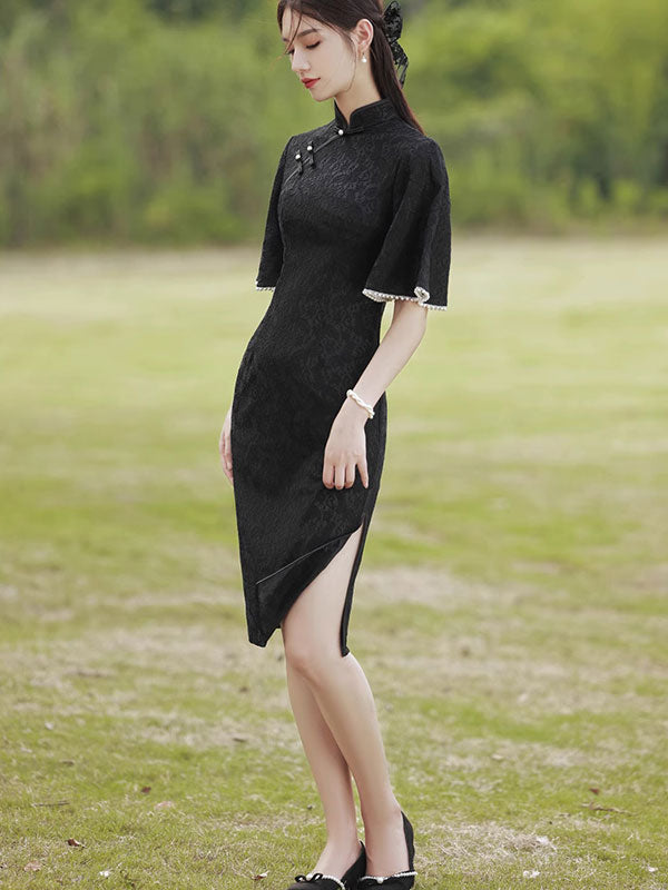 Black Floral Lace Flutter Sleeve Midi Qipao Cheongsam Dress