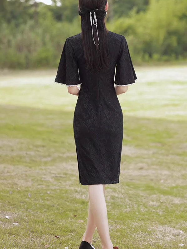 Black Floral Lace Flutter Sleeve Midi Qipao Cheongsam Dress