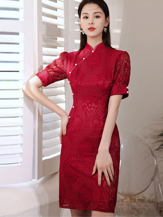 Red Lace Wedding Bride Qipao Cheongsam Dress